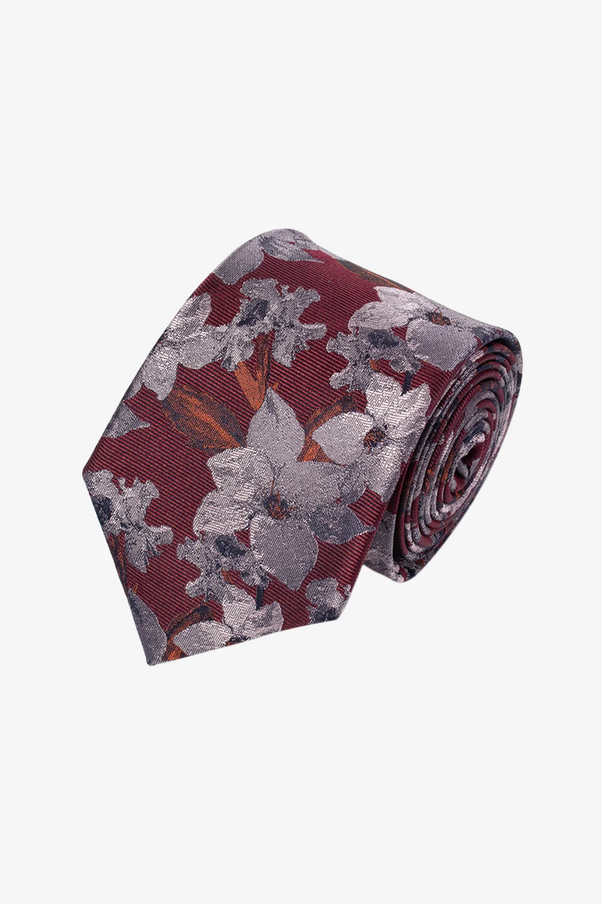 Tie - Silk silver red flowers